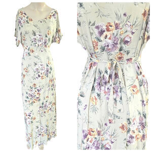 Vtg 90s Sage Floral Rayon Maxi Dress Cottage Bloomcore Coquette Made In USA M